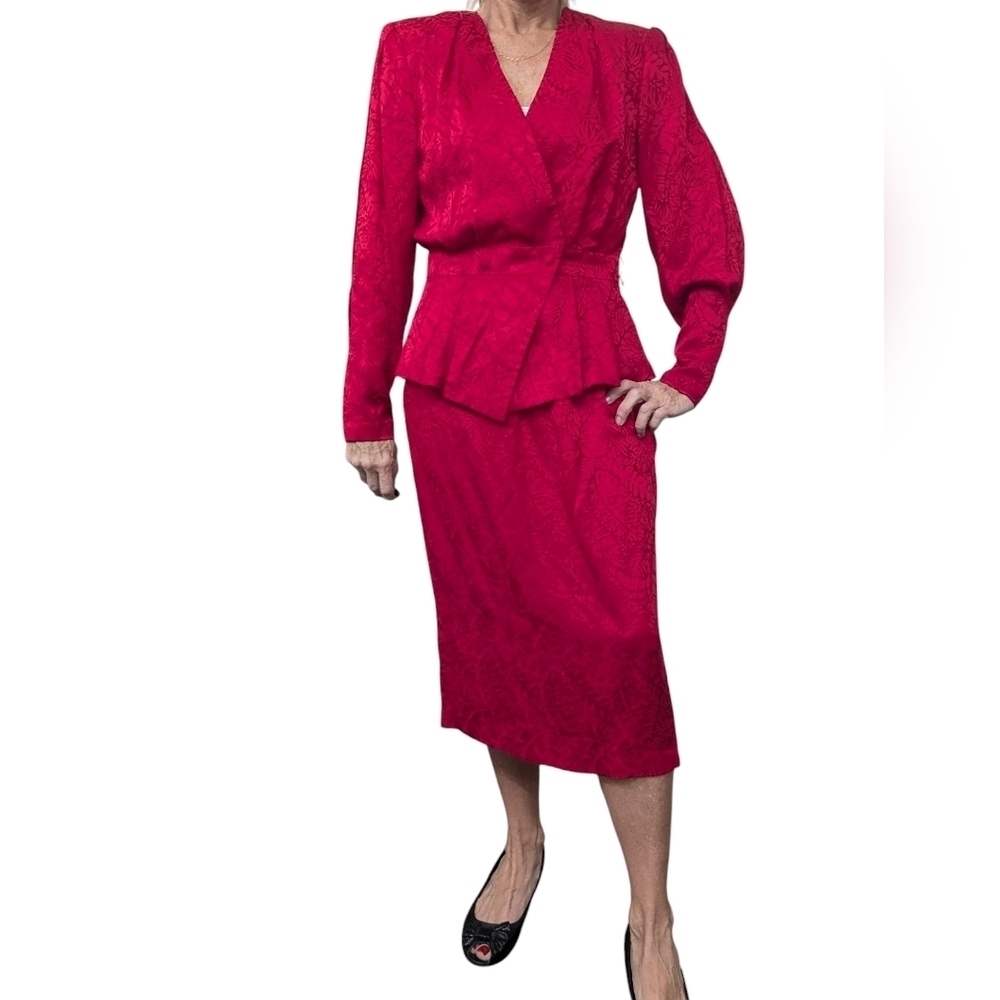 Vintage 90s Silk Skirt Suit Set Red Peplum Blazer Size 6